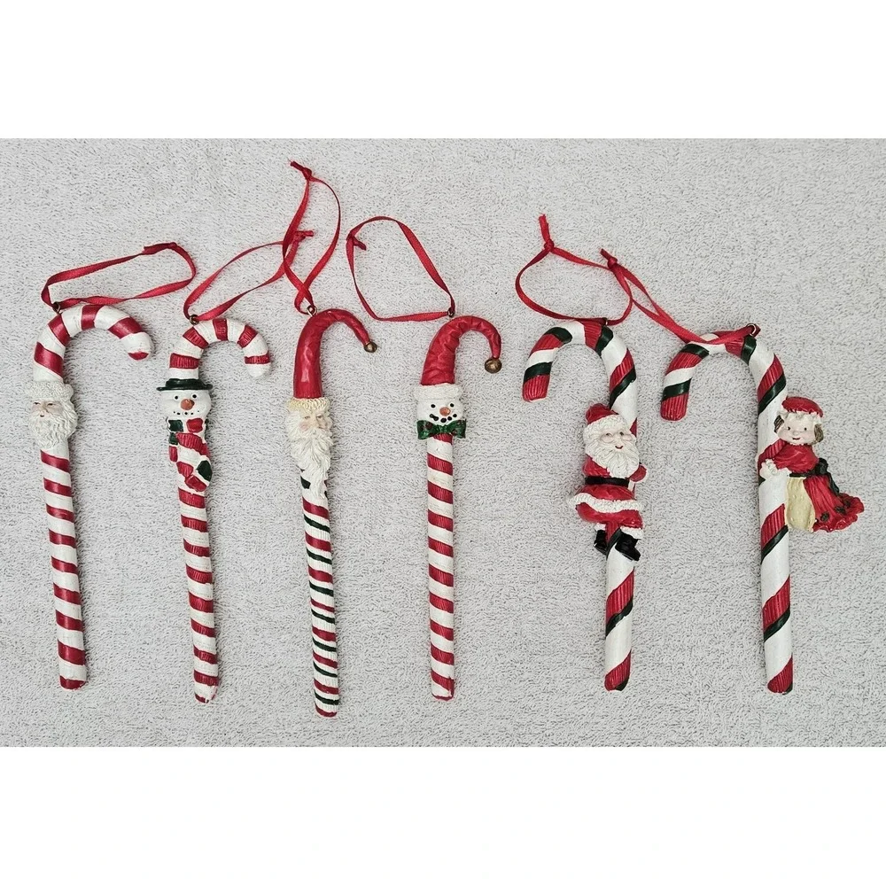 Six Vintage Intricate Candy Cane Ornaments‎ Santa Snowman Mrs. Claus
